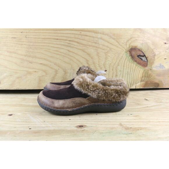 BOC Born Concept Shoes Sz 6.5 Clogs Brown Leather Fur Lined Flats Slip Ons - Picture 1 of 7